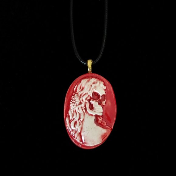 Handmade Ceramic Red Skull Cameo Pendant Necklace - Picture 10 of 14